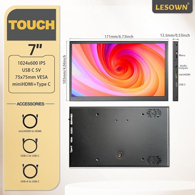 7 inch Small Portable USB C Monitor 7 Capacitive Touchscreen HD 1024x600 IPS Secondary Sub Screen mini LCD Display with Speakers for Laptop PC Smartphone