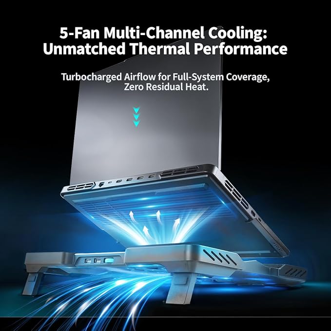 IMMOENUC Laptop Cooling Pad with 5 Fans &amp Peltier Device Ultra-Quiet Semiconductor Panel Cooler Stand Adjustable Speed + Stand for 13-19 Inch Laptops (MacBook/Dell/HP) Fast Cooling Notebook