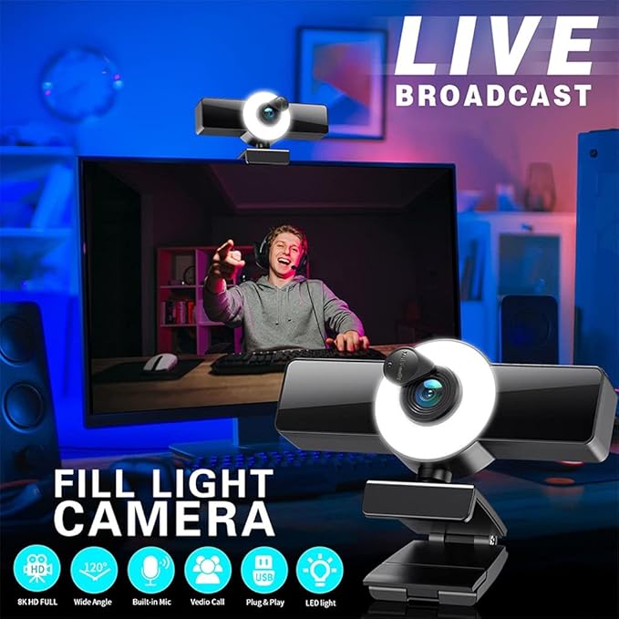 Webcam 4K Web Camera LED Fill Light Microphone Cam PC Laptop Stream Video Conference