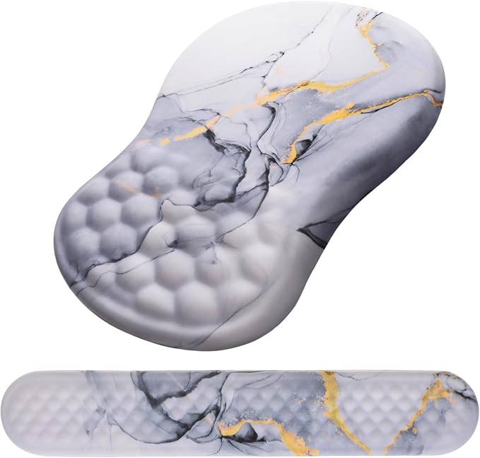 Mouse Pad Wrist Support Laokiiy 2 in1 Keyboard Wrist Rest+ Ergonomic Mouse Pad Non-Slip Wrist Rest for Computer Keyboard Made Easy Typing &amp Relieve Wrist Pain(White Gold Gray Marble)