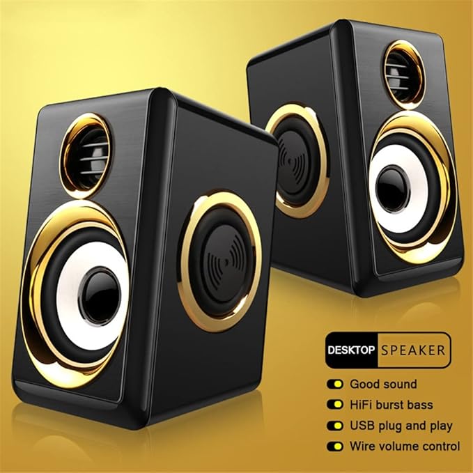 1 Pair USB+AUX Wired Computer Speakers Bass Reinforcement 4 Diaphragm for Laptop Desktop 8W High Power Loudspeaker (Color : Gold) (Gold)