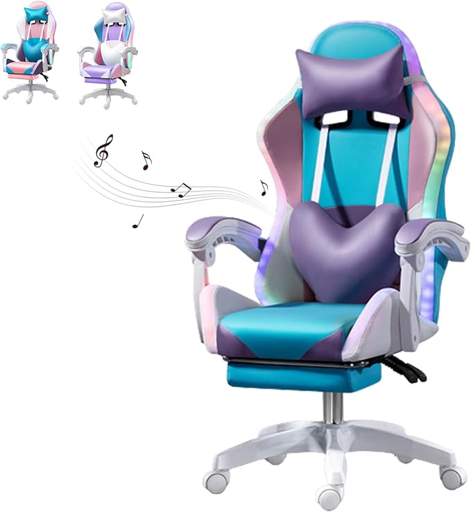 XOOFMASS Gaming Chair with Speakers and RGB LED Lights Video Game Chair Swivel Reclining Racing Computer Chair with Headrest &amp Lumbar Support PU Leather High Back Office ChairBlue