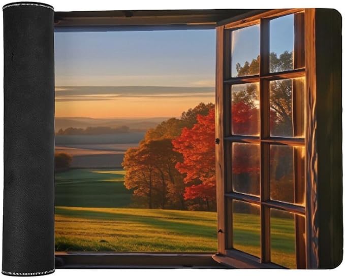 Autumn Window View Desk Mat Desk Pad Large Mouse Pad Anti-Slip Big Mousepad with Stitched Edges Computer Mouse Pads for Gaming Home Office Work 16x36