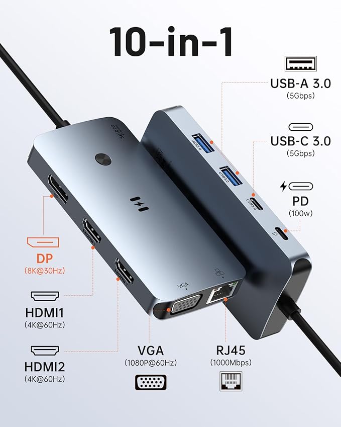 USB C Docking Station Dual Monitor Adapter Selore Laptop Docking Station 3 Monitors Quad Display with 2 HDMI DP VGA Ethernet 3 USB A&ampC 3.0 100W PD USB C Hub Dongle for DELL HP and More