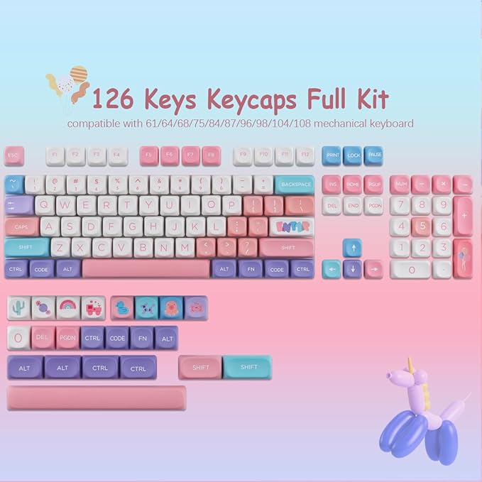 PBT Keycaps 126 Keys MOA Profile Keycaps Dye-Sublimation Balloon Cute Keycap Custom Keycap Set for Cherry Gateron MX Swithes Mechanical Keyboards