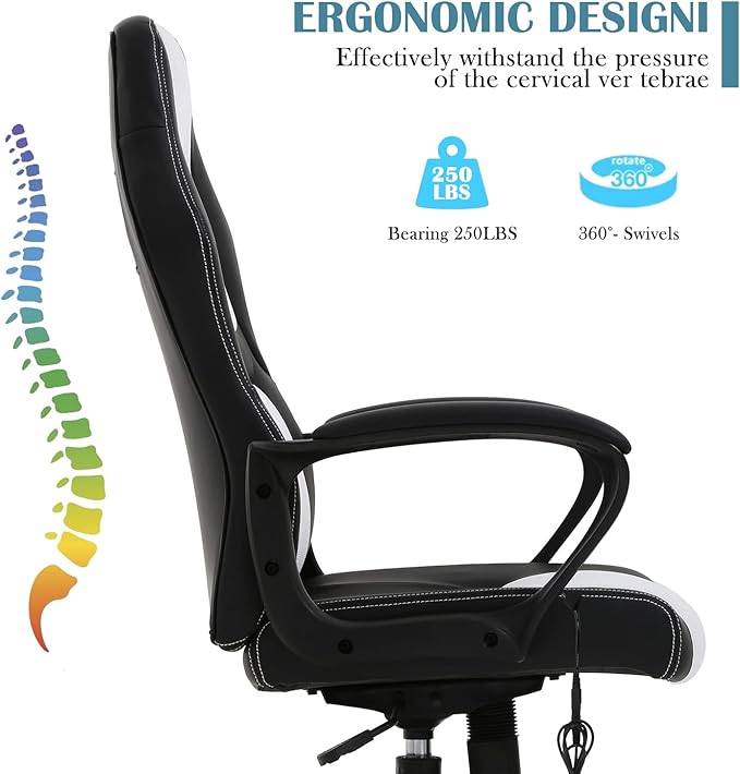Gaming Chair Office Chairs Ergonomic Design Comfortable Office Chair PU Leather with Mesh Back Gaming Chairs with 360-Degree Swivel Gaming Chairs for Adults PC Chair Max 250LBS White