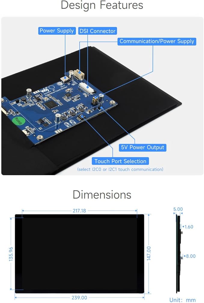 waveshare 10.1inch Capacitive Touch Display Compatible with Raspberry Pi 5/4B/3B+/3A+ CM3/3+/4* 1280×800 IPS DSI Interface