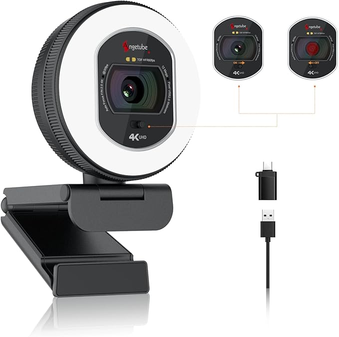 Angetube 4K Webcam with Light for PC: UHD 4K TOF Auto Focus Dual AI Noise-Cancelling Mics 1080p@60FPS USB Streaming Webcam w/Privacy Cover for Laptop/Mac/Desktop/PC Work w/Zoom/Teams/Google Meet