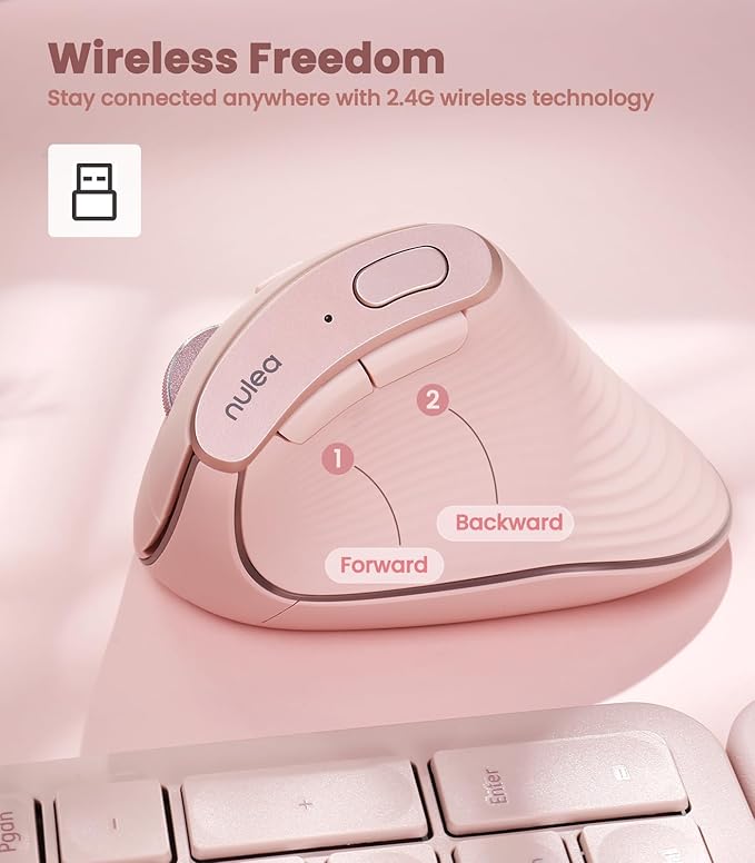 Nulea M510 Vertical Mouse Wireless Ergonomic Mouse for Comfy Tracking 3 Adjustable DPI (800-1200-1600) 2.4G Wireless Vertical Mouse with 6 Buttons Compatible with Windows Mac OS Laptop PCPink