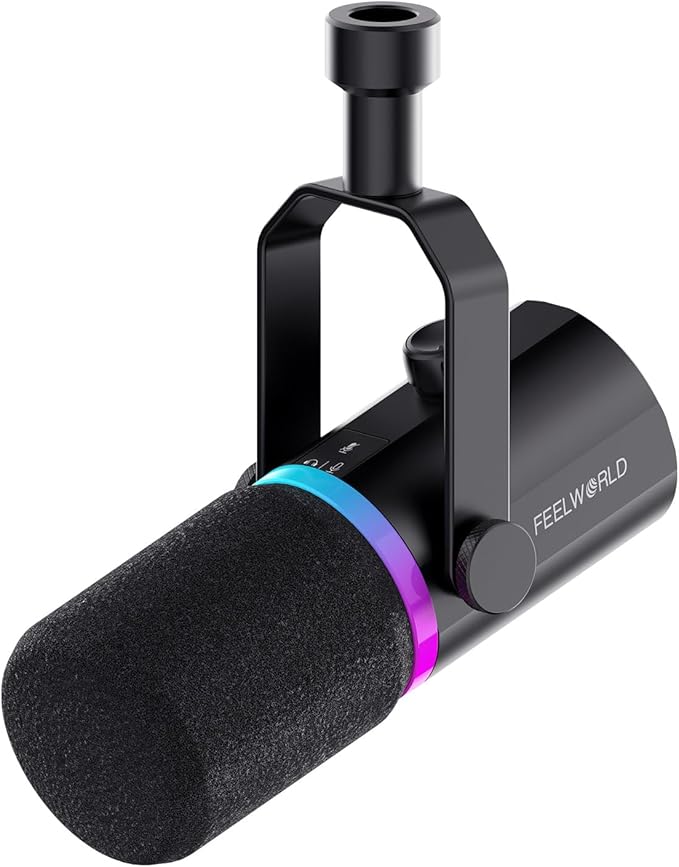 FEELWORLD PM1 XLR USB Dynamic Microphone Gifts for Podcast Recording PC Computer Gaming Live Streaming Vocal Voice-Over Studio Metal Mic with Voice-Isolating RGB Light Mute Button Headphones Jack