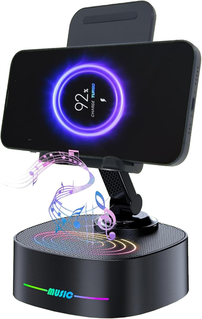 Bluetooth Speaker with Wireless Charging and Cell Phone StandBest Speaker Stand for iPhone/iPad/Samsung GalaxyHD Surround Sound Perfect for Home and OutdoorsCreative Gift (Black)