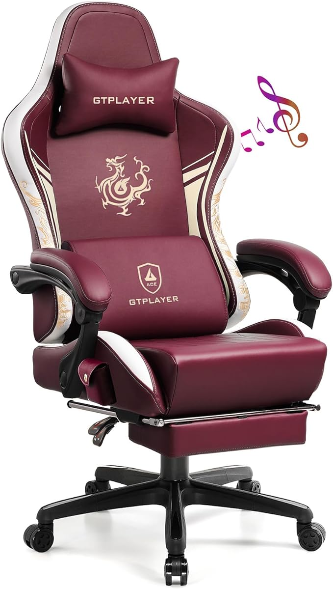 GTPLAYER Gaming Chair with Bluetooth Speakers and Footrest Dragon Series Video Game Chair Heavy Duty Ergonomic Esports Computer Office Chair (RED)