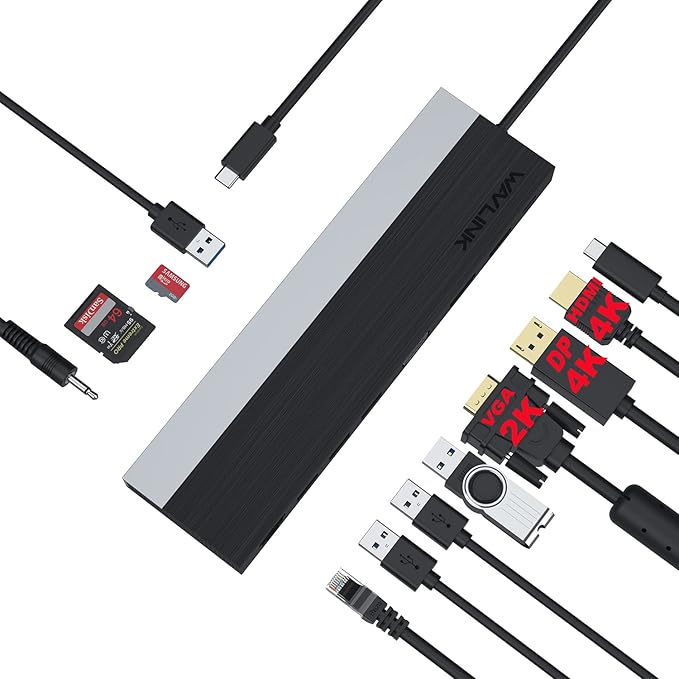 WAVLINK USB C Docking StationTriple Display Type C Adapter for MacBook ProDell XPS 13/15HPLenovo Yoga(HDMIDisplayPortVGAEthernet2 USB 3.0/2.0SD/TF Card Reader3.5mm Audio100W PD3.0)