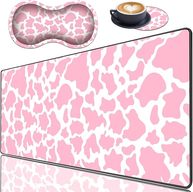 XMTMR-Glass Extended Gaming Mouse Pad with Seam Long XL Desktop Keyboard Pad Suitable for Work/Game/Office/Home Butterfly Wrist Rest Pad and Coaster White and PinkCow Grain