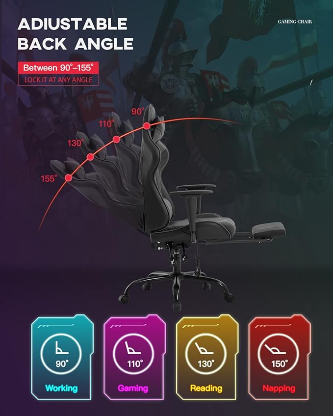 Ergonomic Big and Tall Gaming Chair - Massage Function Lumbar Support Footrest &amp Armrest - PU Leather Racing Style Chair for Adults