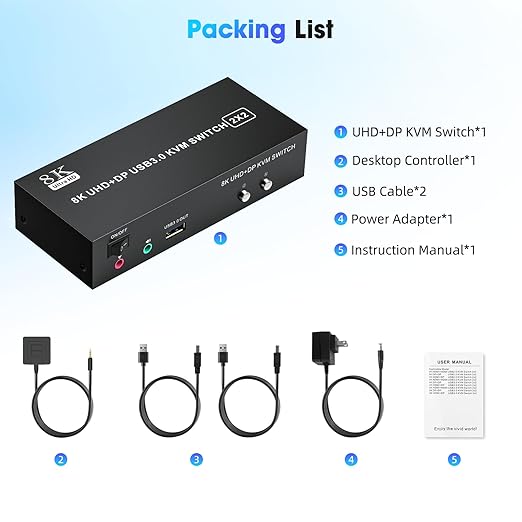 KVM Switch 2 Monitors 2 Computers 8K@60Hz/4K@144Hz HDMI Displayport Dual Monitor KVM Switches 3 USB3.0 Ports for Sharing Keyboard Mouse Mic Headset with 2 USB Cable Power Adapter Desktop Controller