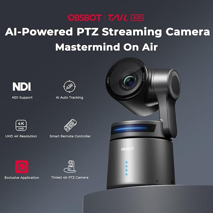 OBSBOT Tail Air NDI Streaming Camera Bundle USB-C to Ethernet Adapter 4K AI Tracking PTZ Camera with Intelligent APP Gesture Control HDMI/USB-C/Wireless Connection Live Stream for YouTube