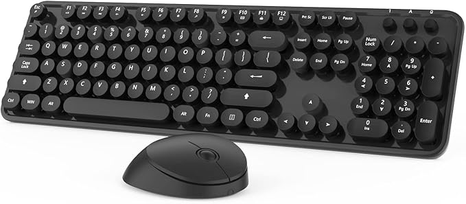 Wireless Keyboard and Mouse KOOTOP Cute Black Keyboard and Mouse 2.4G Wireless Keyboard with Retro Round Keycap for PC Mac LaptopTabletComputer Windows (Black)