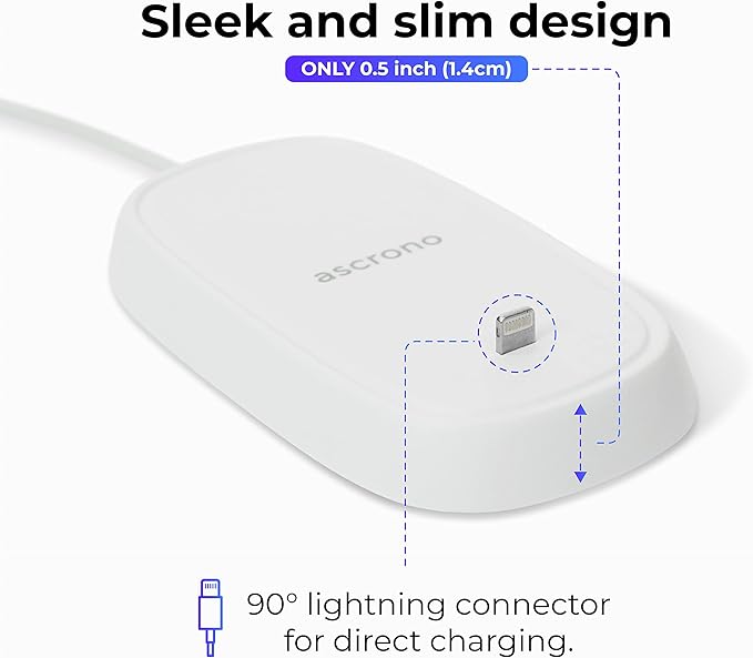 Ascrono - Charging Station Compatible with Apple Magic Mouse 2 - White - Perfect Accessories | Usable As Charging Dock Stand &amp Charger | Includes 5ft (1.5m) USB-A Cable | Lightning Connector
