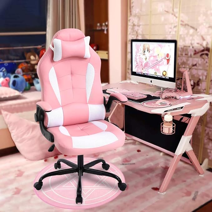 Meet perfect Pink Gaming Chair for Adults Ergonomic Computer Chair w/Flip Up Armrest and Lumbar Support Adjustable Office Gamer Chair with 360° Swivel Seat and Headrest 250lb Capacity