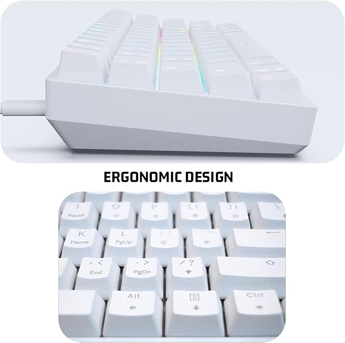 60% Mechanical Gaming Keyboard - 61 Keys Red Switch Quiet Office Computer Keyboard - Multi Color RGB Rainbow Led Backlit - Programmable for PC/Windows/Mac/Gamer - USB Wired - White