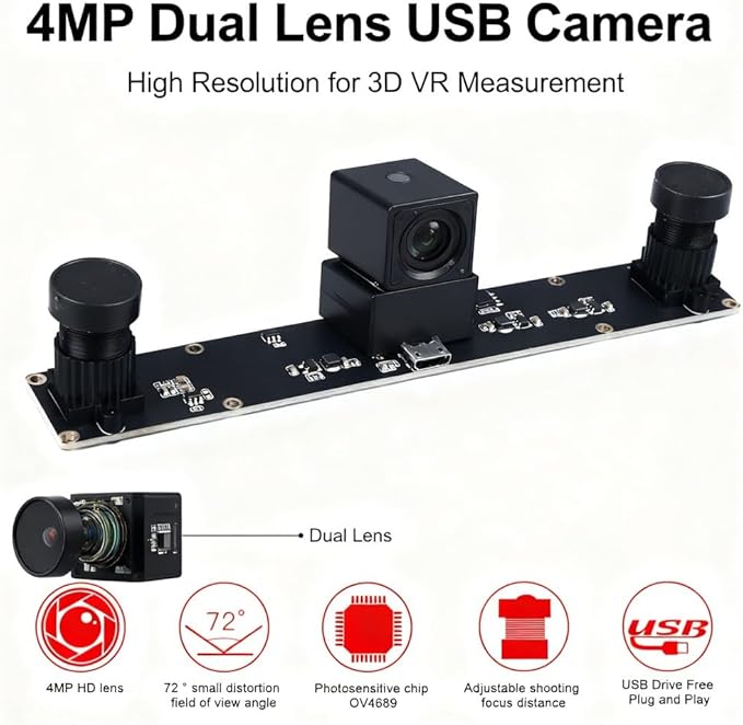4MP Dual Lens USB Camera Board 1080P 72° Viewing Angle with Distortion - High Resolution Depth Detection 3D VR Distance Measurement Industrial Applications