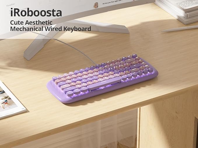 Purple Creamy Mechanical Gaming Keyboard Aesthetic Keyboard w/White Backlit 84 Keys Cute Retro Typewriter Computer Keyboard Wired w/Pink Switch Round Keycap for Windows/PC/PS5 (Purple)