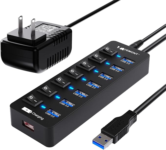 Powered USB Hub 3.0VEMONT 7 Ports Multi USB hubs and 1 USB Smart Charging Port with 5V/3A Power SupplyUSB Extension Splitter with Individual On/Off Switches and 4ft/1.2m Long Cable for PC/Laptop