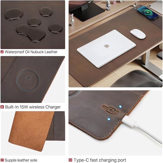Hiram Crazy Horse Leather Desk Mat with 15W Wireless Charging - Waterproof and High-End Cowhide Texture for a Comfortable Office Experience(31in x 16in)
