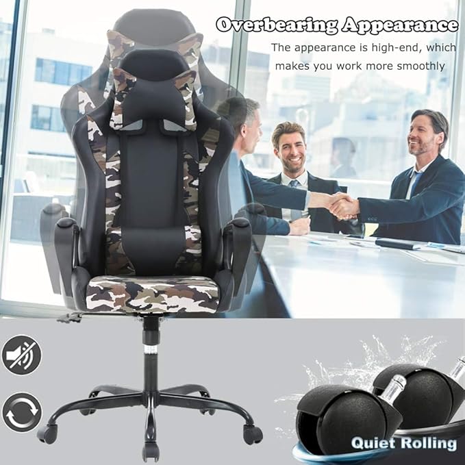 Gaming Chair Office Chair Ergonomic High-Back Racing Desk Chair with Lumbar Support and Headrest – PU Leather Computer Chair for Adults Adjustable Reclining Swivel Chair (Camo)