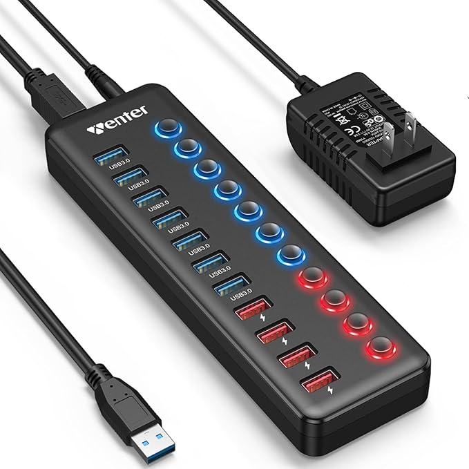 Powered USB 3.0 Hub Wenter 11-Port Hub Splitter (7 Faster Data Transfer Ports+ 4 Smart Charging Ports) with Individual LED On/Off Switches Power Adapter for Mac PC