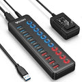 Powered USB 3.0 Hub Wenter 11-Port Hub Splitter (7 Faster Data Transfer Ports+ 4 Smart Charging Ports) with Individual LED On/Off Switches Power Adapter for Mac PC
