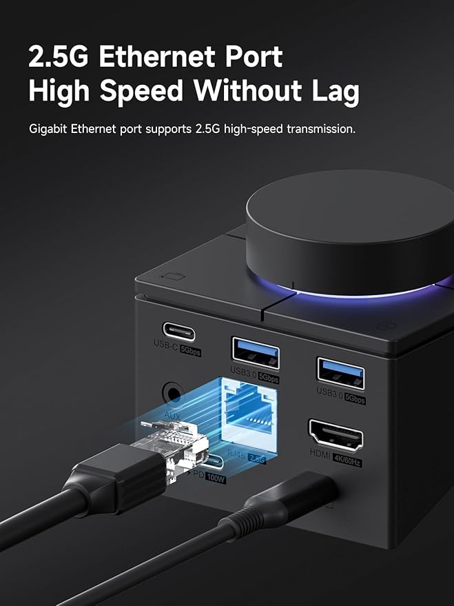 Hagibis Knob USB C Hub with Shortcut Buttons RGB Type-C Docking Station with 4K@60Hz HDMI 100W PD 5Gbps USB-C 2 USB3.0 2.5G RJ45 AUX SD3.0 Micro SD3.0 for MacBook iPad Pro Laptop (Black 2.5G)