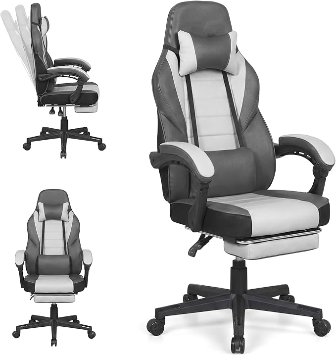 Giantex Gaming Chair Ergonomic Video Game Chair w/Footrest Lumbar Support Headrest Reclining Backrest &amp Linkage Armrests Height Adjustable 360° Swivel Computer Desk Chair for Home Office (Gre