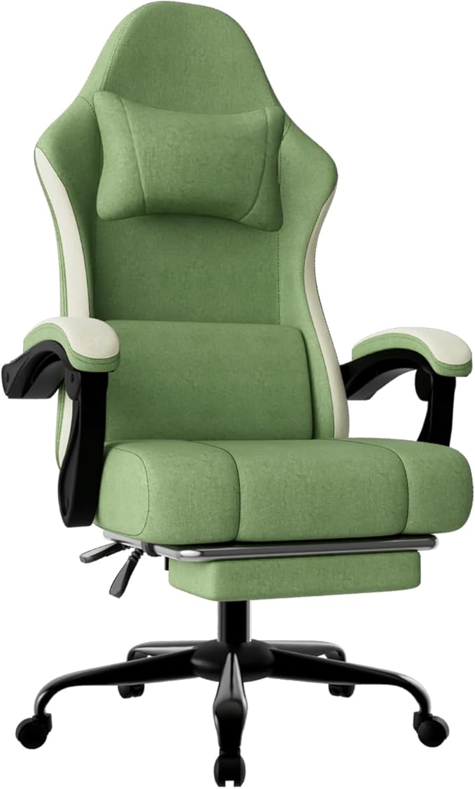 Gaming Chair High Back Fabric Computer Chair with Pocketed Spring Cushion and Footrest Height Adjustable Game Chair with Headrest and Lumbar Support