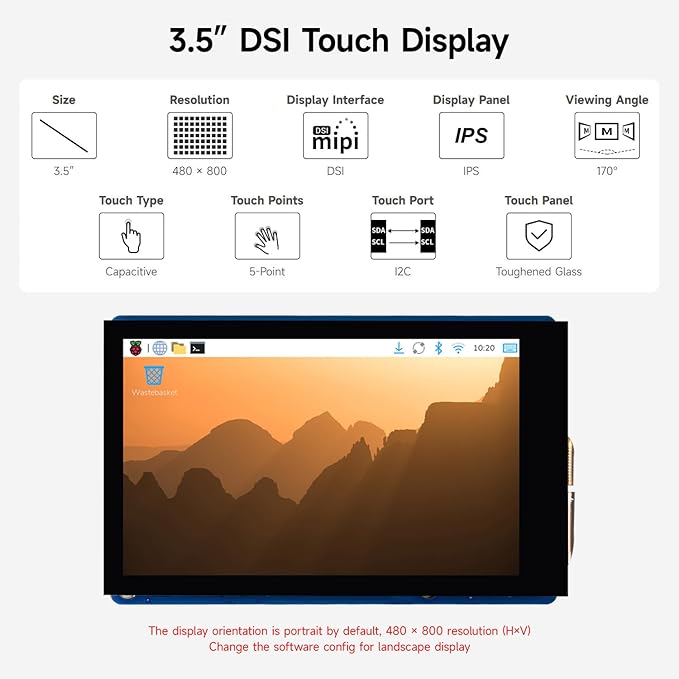 KLAYERS 3.5-inch DSI Capacitive Touch Display Compatible with Raspberry Pi480 × 800 Pixel IPS Panel