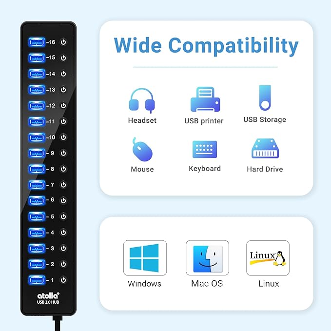 Power USB Hub 3.0 atolla 16 Port USB Splitter with 12V/6A Power Adapter and Individual Switches High-Speed Data Transfer for Laptop PC Mac and More Devices