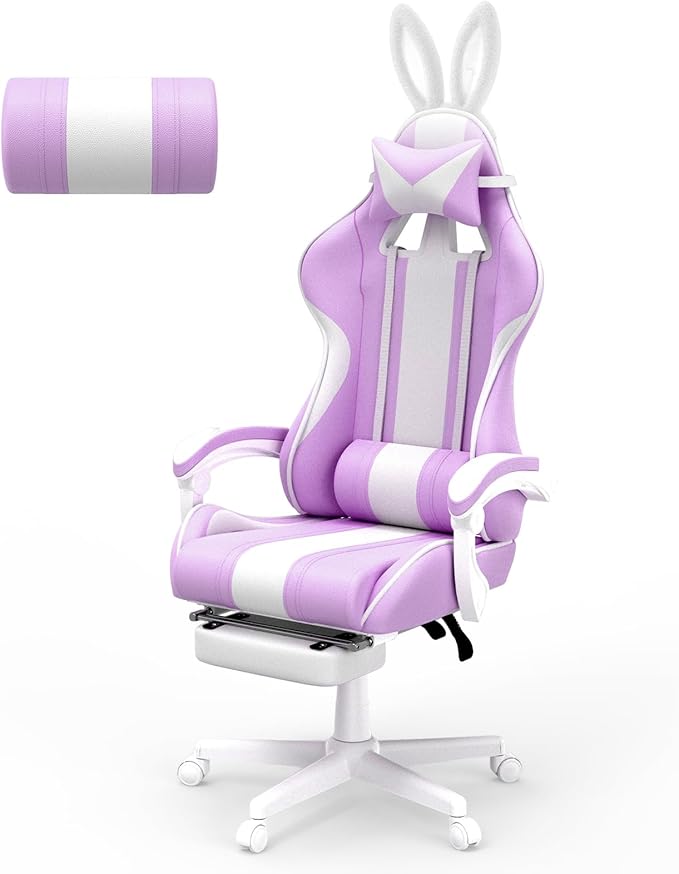 Ferghana Kawaii Light Purple Gaming Chair with Bunny Ears Ergonomic Cute Gamer Chair with Footrest and Massage Racing Reclining Leather Computer Game Chair for Girls Adults Teens Kids