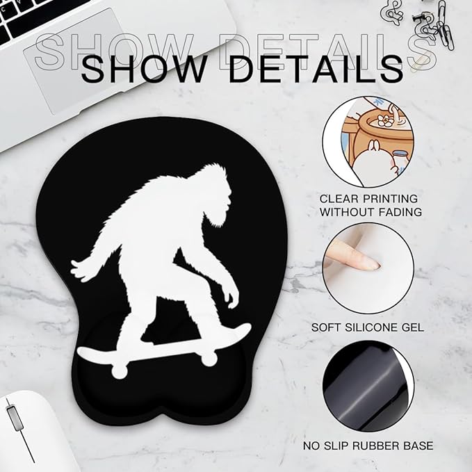 Mousepad Bigfoot Skateboarding Sasquatch Ergonomic Wrist Support Non-Slip Base Mouse Mat with Wrist Rest Computer Mousemat for Desk Work Accessories Pad