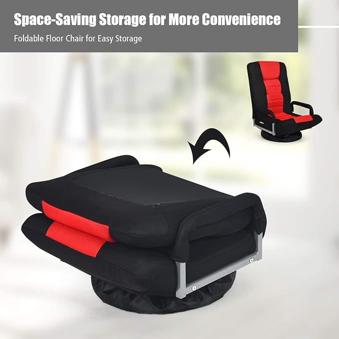 GOFLAME Swivel Gaming Floor Chair 360 Degree Folding Chair with Adjustable 6-Position Backrest and Armrest Lazy Sofa Lounger for TV Reading Playing Video Games (Black/Red)