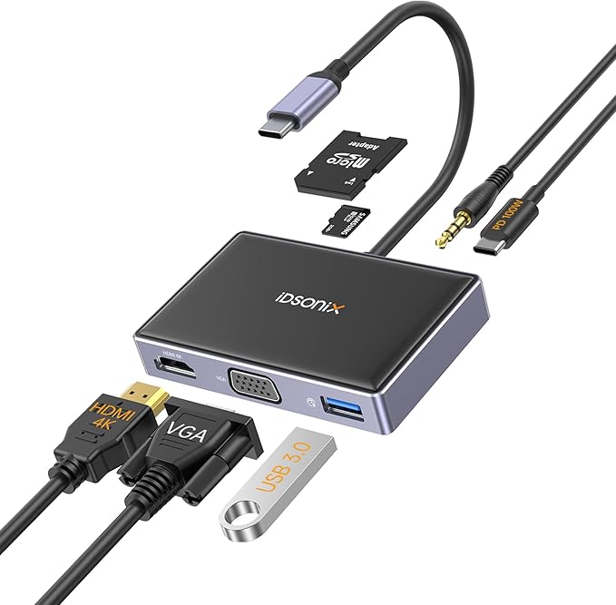 USB C to HDMI VGA Adapter 7 in 1 USB C Hub MultiPort Adapter with 4K HDMI/VGA 100W PD USB-A 3.0 Audio/Mic SD/TF for Dell/HP/Lenovo/MacBook Pro Laptop