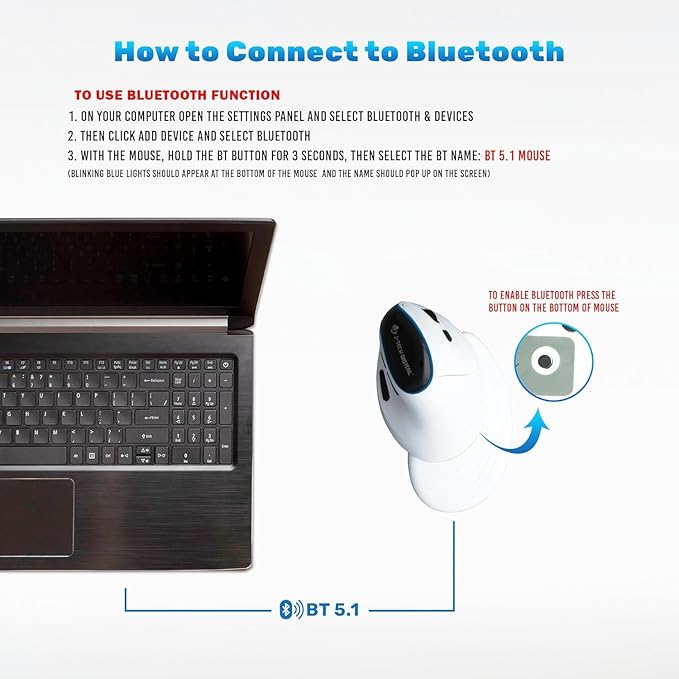 J-Tech Digital Vertical Ergonomic Wireless Mouse – Bluetooth Dual Mode + USB Dongle Rechargeable 2.4GHz Adjustable DPI 3200 for Laptop Desktop PC Mac [V638W]