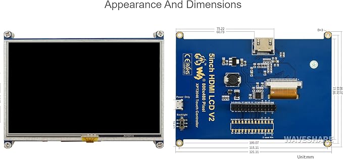 waveshare for Raspberry Pi 5 inch Resistive TFT Touch Screen 800x480 TFT LCD Display Touchscreen HDMI Module Kit Direct-Connect with Raspberry Pi 3 Model B B+ 2 Model B 1 Model A A+