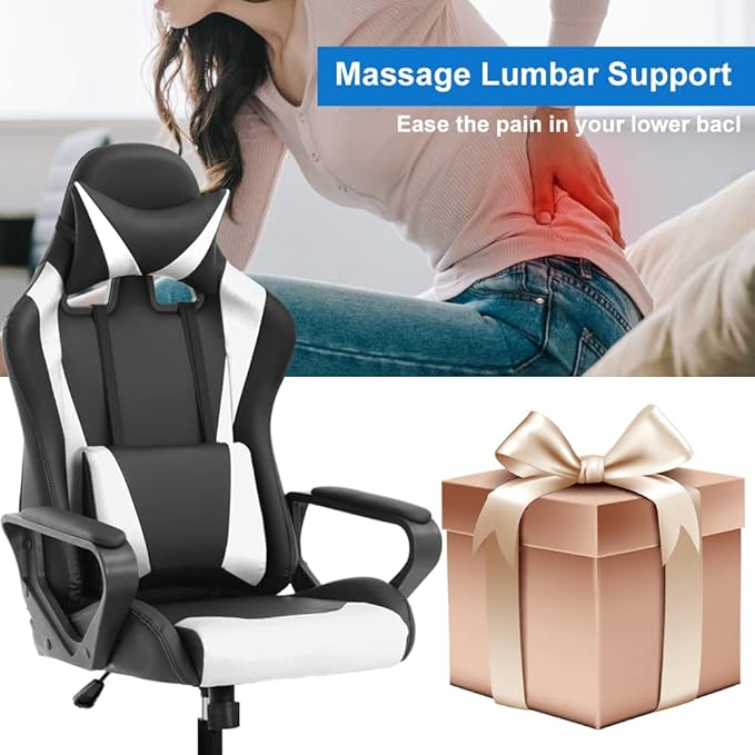 Ergonomic Gaming Chair High Back PU Leather Office Chair with Adjustable Lumbar Support &amp Headrest – Swivel Computer Desk Chair for Adults Teens Kids – Heavy Duty Executive Red Game Chair - Whi