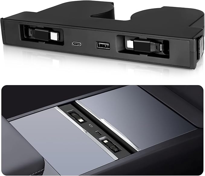 USB Hub for Tesla Model Y Juniper 2025 2026 Model 3 Highland 2024 2025 with Sunken Design 99W 4 in 1 Multi Ports Fast Charger with Retractable Cable Docking Station fit Center Console Adapter