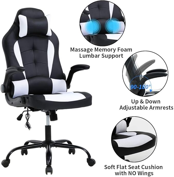 Racing Office Gaming Chair - High Back Executive Computer Desk Chair with Headrest Massage Lumbar Support - Black