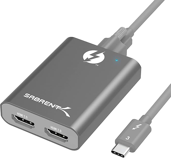 SABRENT Thunderbolt 3 to Dual HDMI 2.0 Display Adapter for Windows or Mac | up to 4K Resolution at 60Hz | Detachable Cable with Screw-in Lock (TH-S3H2)