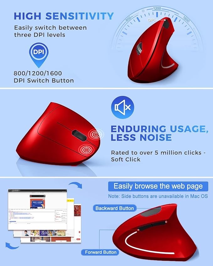 Ergonomic Mouse Vertical Wireless Mouse 2.4G Rechargeable Optical Vertical Mouse High Precision Optical Mouse Adjustable800/1200/1600 DPI 6 Buttons for Laptop etc RedSpecially for Right-handers