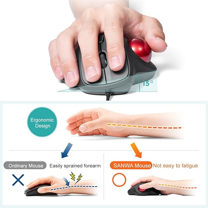 SANWA Wired Ergonomic Trackball Mouse Optical Vertical Rollerball Mice Silent Buttons 34mm Trackball 600/800/1200/1600 DPI Compatible with MacBook Laptop Computer Windows macOS Red