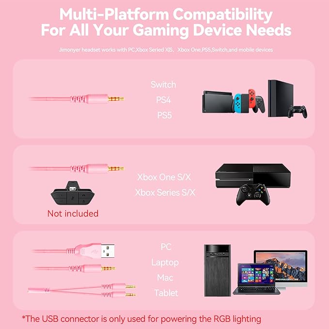 Gaming Headset for PC/PS4/PS5/Xbox One/Switch Stereo Surround Sound Gaming Headphones with Noise Canceling Flexible Mic Computer Headset with 3.5mm Jack &amp RGB Light (Pink)